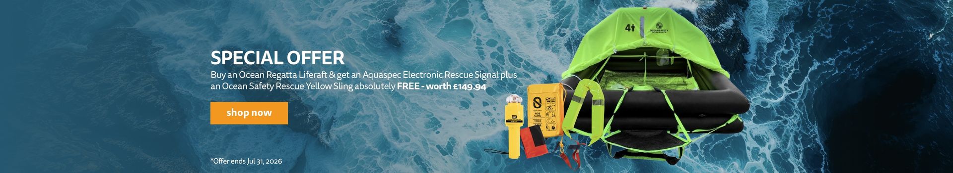 Special Offer - Buy an Ocean Regatta Liferaft &amp; get an Aquaspec Electronic Rescue Signal plus an Ocean Safety Rescue Yellow Sling absolutely FREE