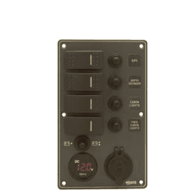 Aluminium IP66 Switch Panel with Battery Gauge Socket and USB Charger (Dark Grey)