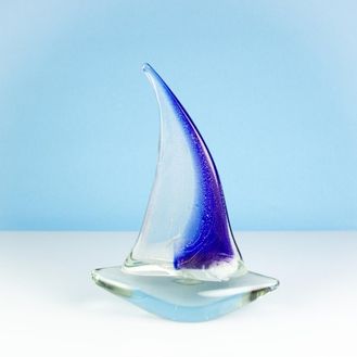 Blue/Clear Glass Sailing Boat, 25cm