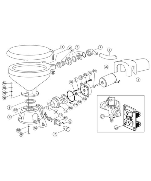 Jabsco Quiet Flush 24V Electric Regular Fresh Water Toilet Spares - 37045-1094
