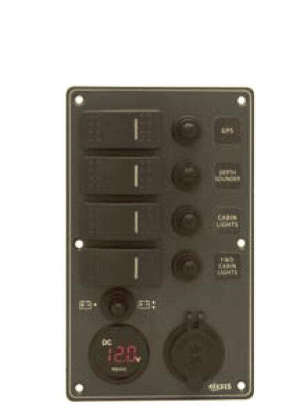 Aluminium IP66 Switch Panel with Battery Gauge Socket and USB Charger (Dark Grey)