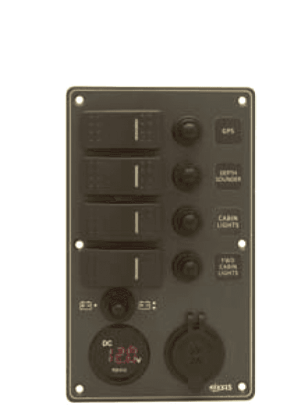 Aluminium IP66 Switch Panel with Battery Gauge Socket and USB Charger (Dark Grey)