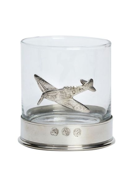 Pewter-Mounted Whisky Tumbler with Spitfire Badge