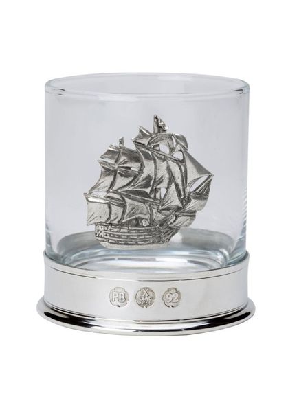 Pewter-Mounted Whisky Tumbler with HMS Victory Badge