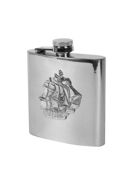 Stainless Steel Pocket Flask with Pewter HMS Victory Badge