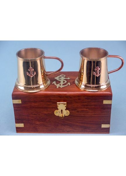 Set of 2 Mini Tankards in Wooden Presentation Box -15 x 8cm